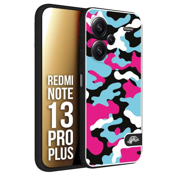 CUSTOMIZZA - Custodia cover nera morbida in tpu compatibile per Xiaomi Redmi Note 13 PRO PLUS camouflage mimetico militare fucsia celeste