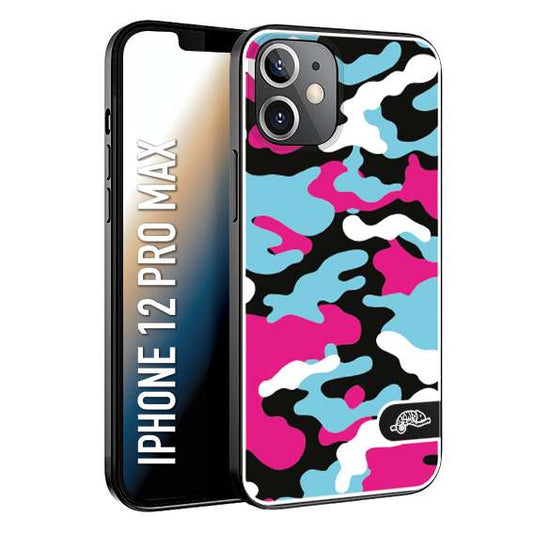 CUSTOMIZZA - Custodia cover nera morbida in tpu compatibile per iPhone 12 PRO MAX camouflage mimetico militare fucsia celeste