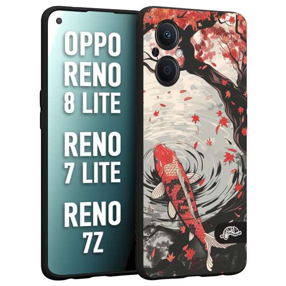 CUSTOMIZZA - Custodia cover nera morbida in tpu compatibile per Oppo Reno 7 Lite - 8 Lite - 7Z giapponese lago carpa koi rossa con foglie d'acero rosso disegnata tattoo