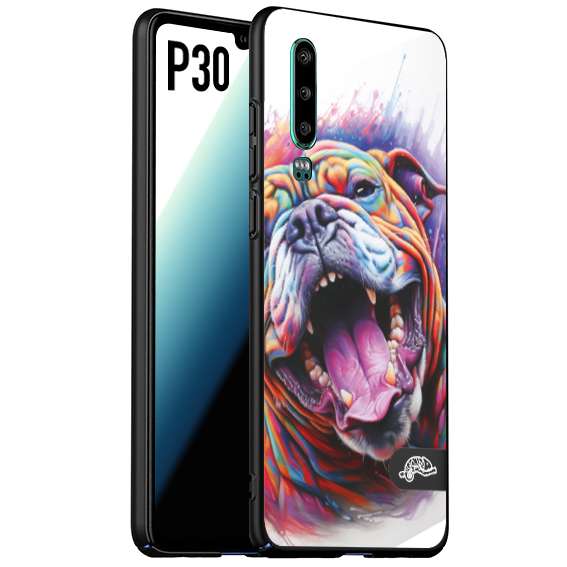 CUSTOMIZZA - Custodia cover nera morbida in tpu compatibile per Huawei P30 animali color bulldog cane dog colori vibranti disegnato schizzo