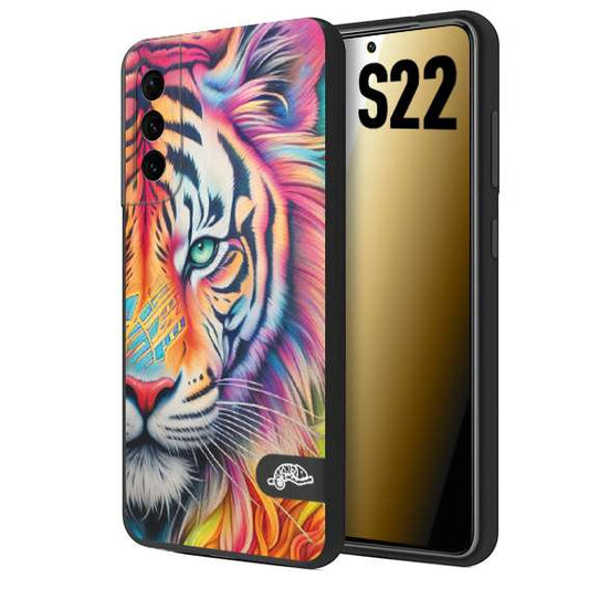 CUSTOMIZZA - Custodia cover nera morbida in tpu compatibile per Samsung S22 animali color tigre tiger viso colori vibranti disegnato schizzo