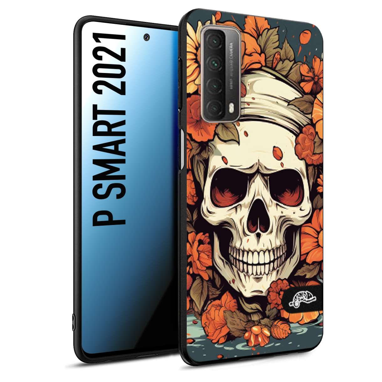 CUSTOMIZZA - Custodia cover nera morbida in tpu compatibile per Huawei P Smart 2021 teschio skull flowers fiori tattoo disegnato alta definizione