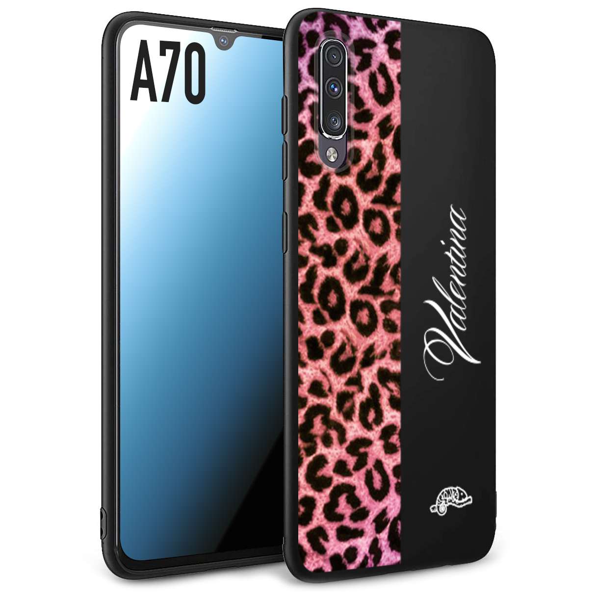 CUSTOMIZZA - Custodia cover nera morbida in tpu compatibile per Samsung A70 leopardato rosa fucsia personalizzata nome iniziali