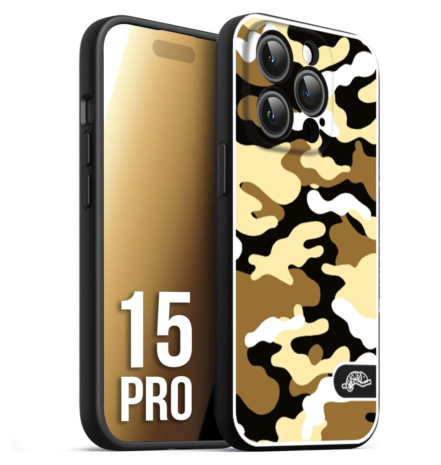 CUSTOMIZZA - Custodia cover nera morbida in tpu compatibile per iPhone 15 PRO camouflage mimetico militare giallo desert brown