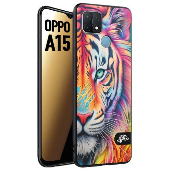 CUSTOMIZZA - Custodia cover nera morbida in tpu compatibile per Oppo A15 animali color tigre tiger viso colori vibranti disegnato schizzo