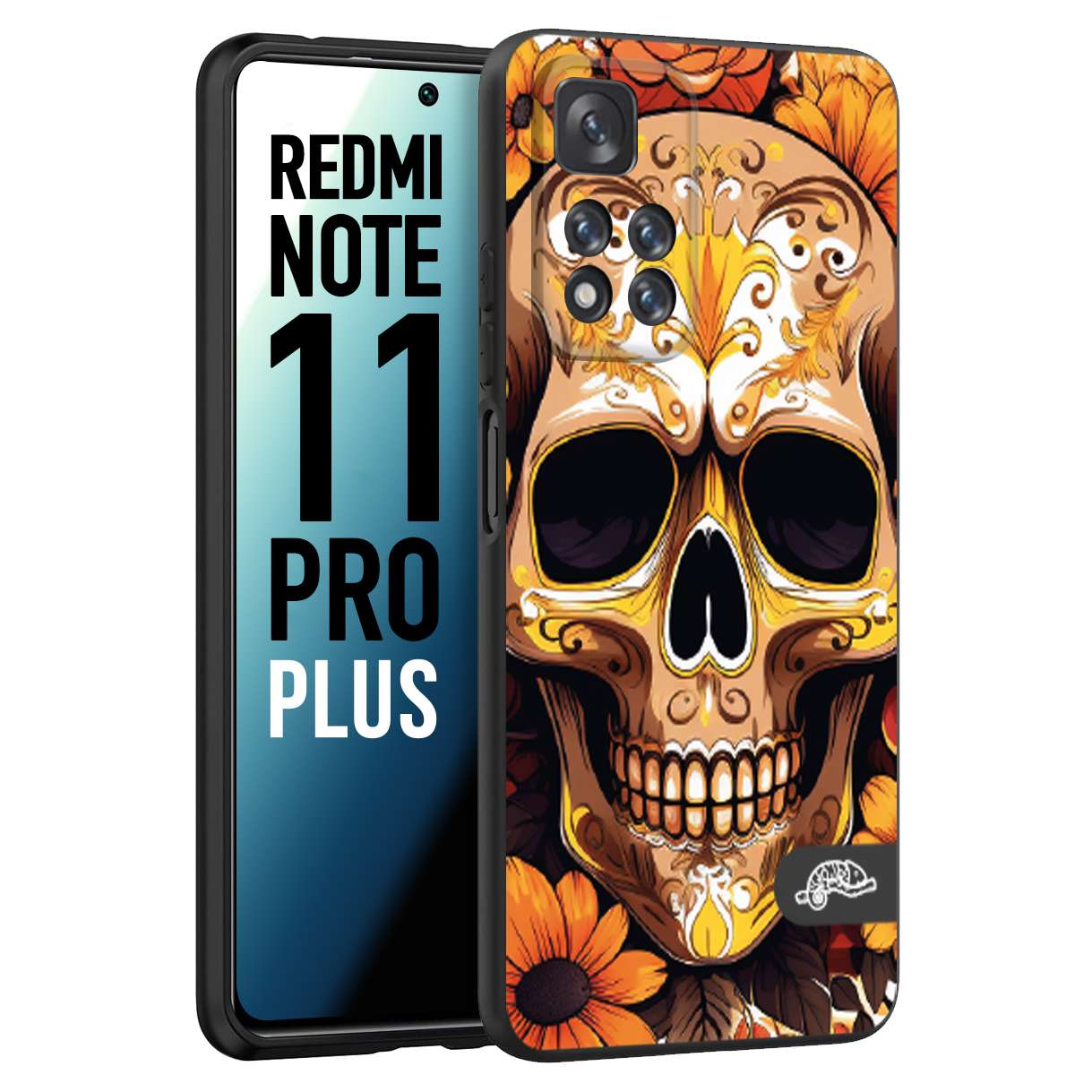 CUSTOMIZZA - Custodia cover nera morbida in tpu compatibile per Xiaomi Redmi Note 11 PRO PLUS teschio messicano colorato dorato fiori tattoo disegnato