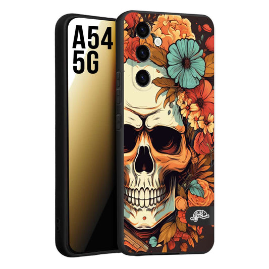 CUSTOMIZZA - Custodia cover nera morbida in tpu compatibile per Samsung A54 5G teschio skull flowers fiori autunnali arancio celeste tattoo