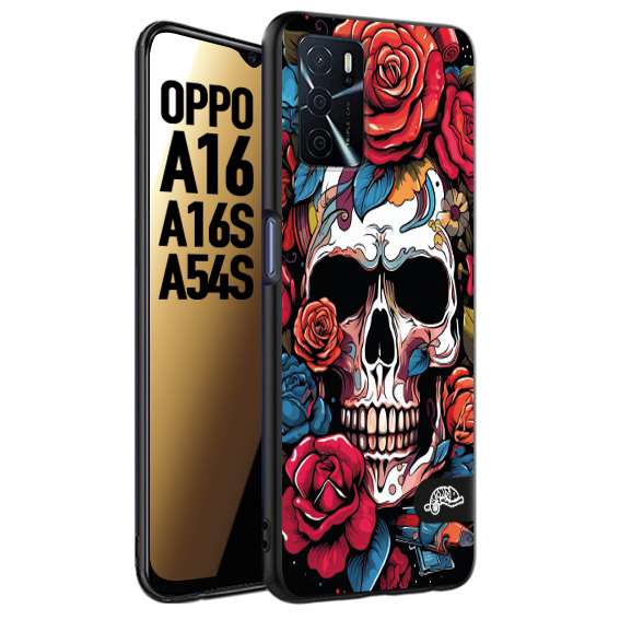 CUSTOMIZZA - Custodia cover nera morbida in tpu compatibile per Oppo A16 - A16S - A54S teschio skull flowers fiori rose rosse tattoo disegnato