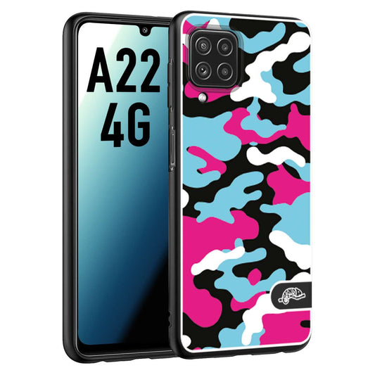 CUSTOMIZZA - Custodia cover nera morbida in tpu compatibile per Samsung A22 4G camouflage mimetico militare fucsia celeste