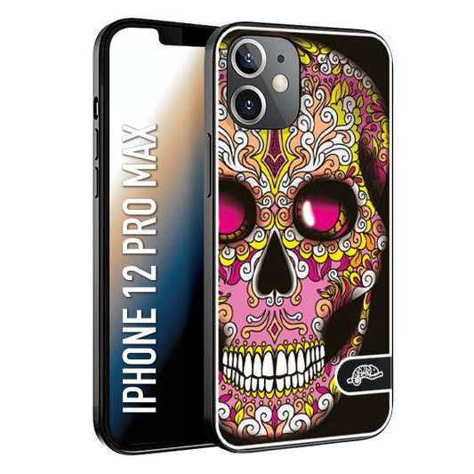 CUSTOMIZZA - Custodia cover nera morbida in tpu compatibile per iPhone 12 PRO MAX teschio messicano Mexican skull rosa gialla