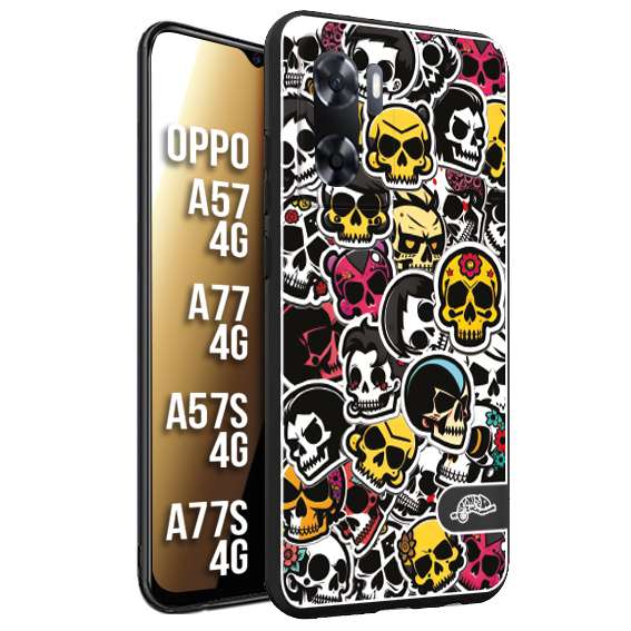 CUSTOMIZZA - Custodia cover nera morbida in tpu compatibile per Oppo A57 - A77 - A57S - A77S (4G) sticker bomb teschi colorati adesivi skulls skater snowboard