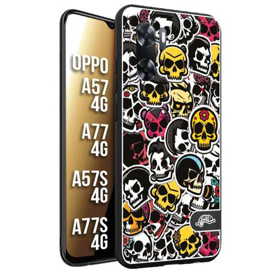 CUSTOMIZZA - Custodia cover nera morbida in tpu compatibile per Oppo A57 - A77 - A57S - A77S (4G) sticker bomb teschi colorati adesivi skulls skater snowboard