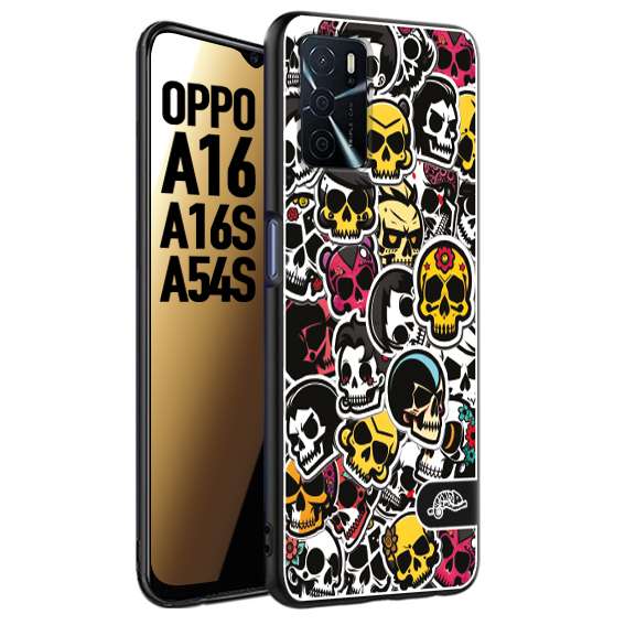 CUSTOMIZZA - Custodia cover nera morbida in tpu compatibile per Oppo A16 - A16S - A54S sticker bomb teschi colorati adesivi skulls skater snowboard