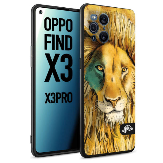 CUSTOMIZZA - Custodia cover nera morbida in tpu compatibile per Oppo Find X3 - Find X3 Pro 5G leone lion disegnato a mano giallo blu a rilievo artistico brown