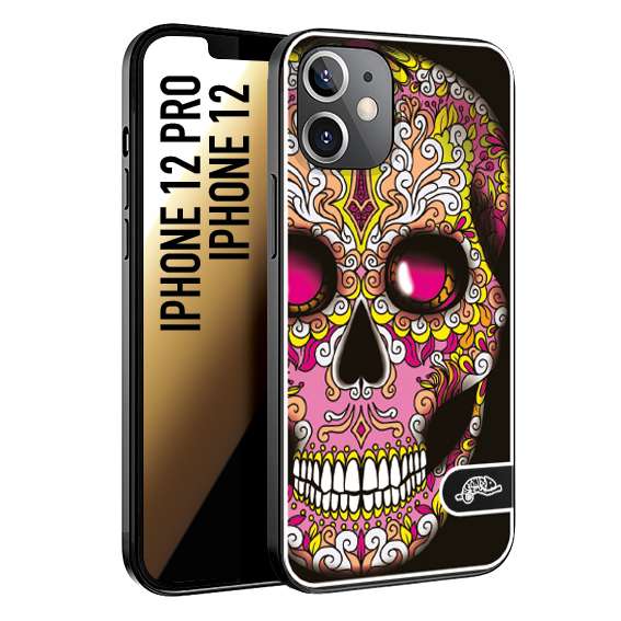 CUSTOMIZZA - Custodia cover nera morbida in tpu compatibile per iPhone 12 - 12 PRO teschio messicano Mexican skull rosa gialla