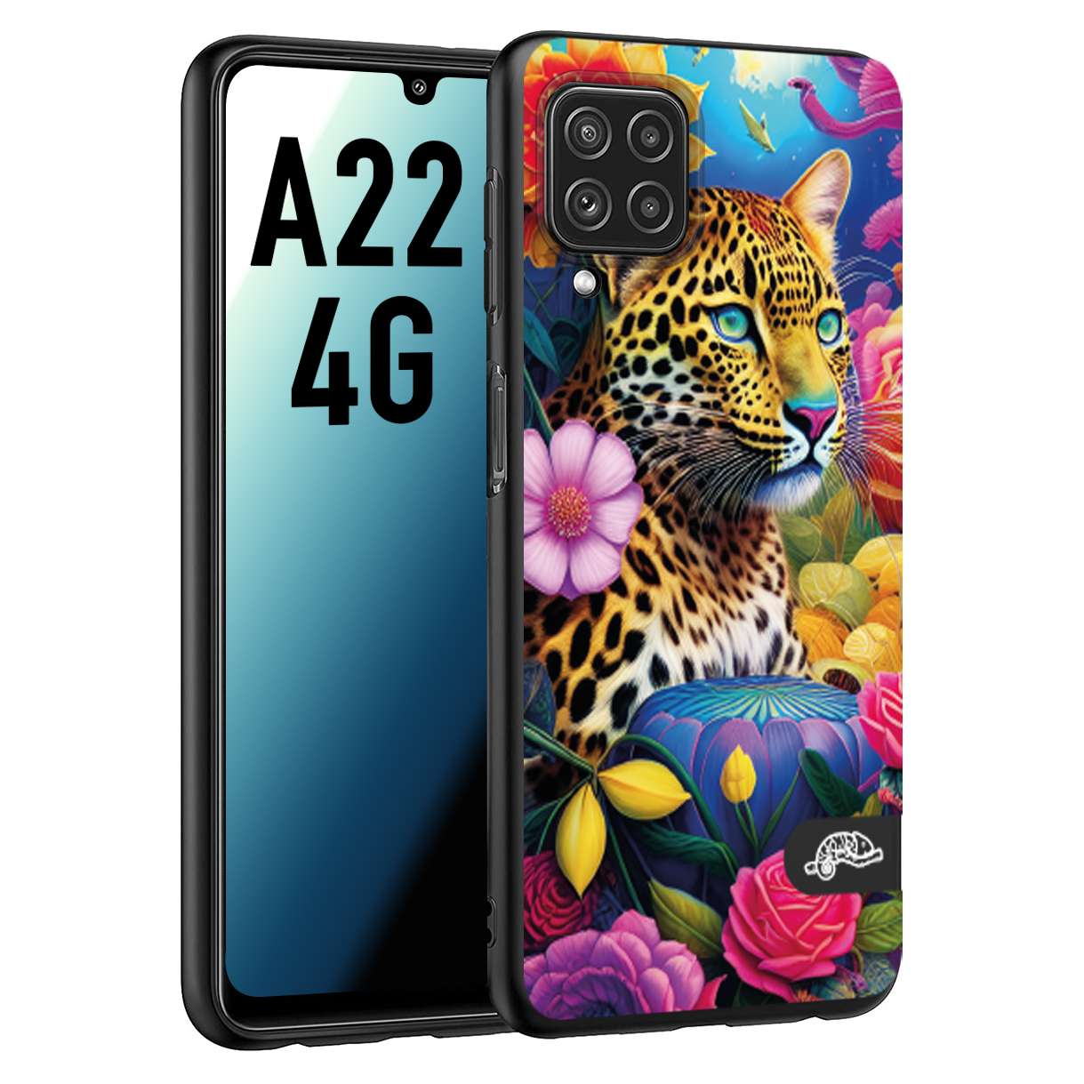 CUSTOMIZZA - Custodia cover nera morbida in tpu compatibile per Samsung A22 4G fiori astratti donna flower fantasia leopardo ghepardo animali colorati