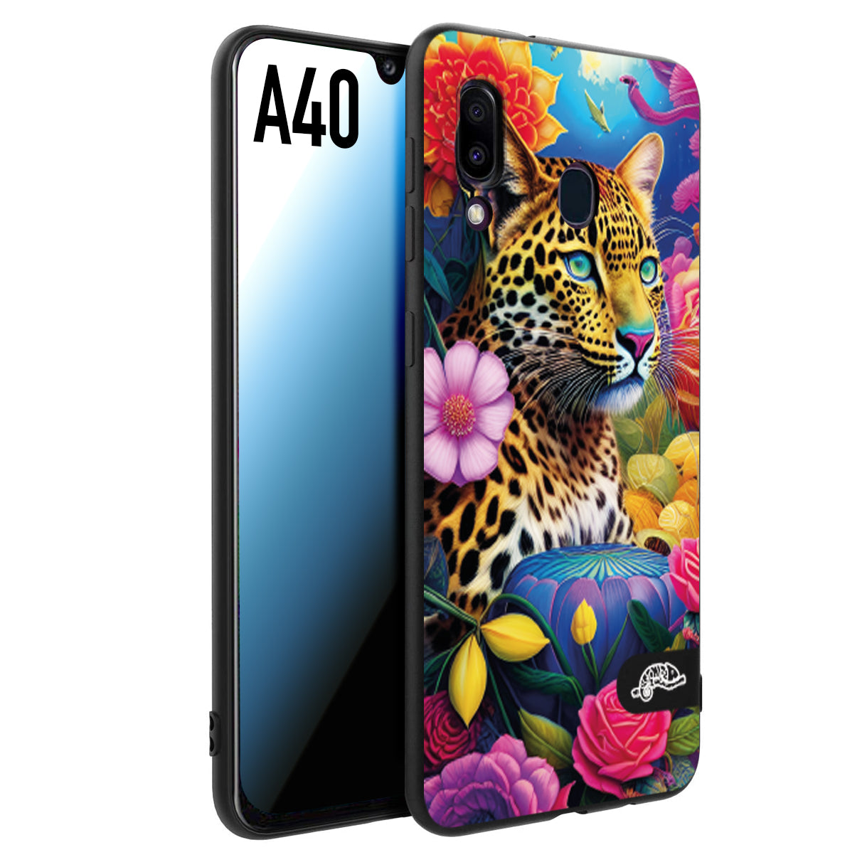 CUSTOMIZZA - Custodia cover nera morbida in tpu compatibile per Samsung A40 fiori astratti donna flower fantasia leopardo ghepardo animali colorati