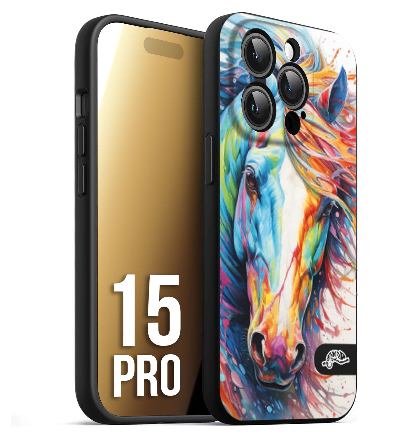 CUSTOMIZZA - Custodia cover nera morbida in tpu compatibile per iPhone 15 PRO animali color cavallo horse viso colori vibranti disegnato schizzo