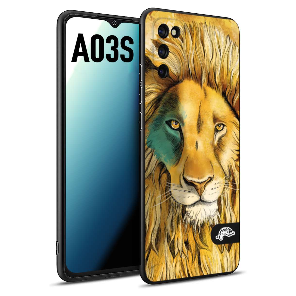 CUSTOMIZZA - Custodia cover nera morbida in tpu compatibile per Samsung A03S leone lion disegnato a mano giallo blu a rilievo artistico brown