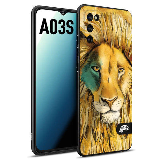 CUSTOMIZZA - Custodia cover nera morbida in tpu compatibile per Samsung A03S leone lion disegnato a mano giallo blu a rilievo artistico brown