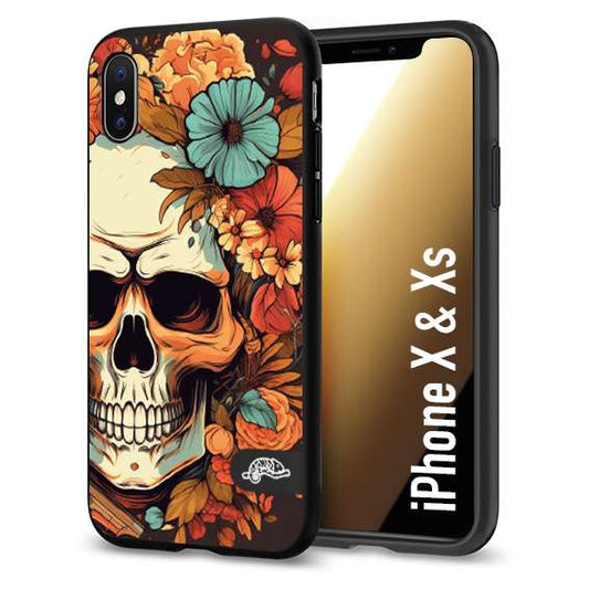 CUSTOMIZZA - Custodia cover nera morbida in tpu compatibile per iPhone X - Xs teschio skull flowers fiori autunnali arancio celeste tattoo