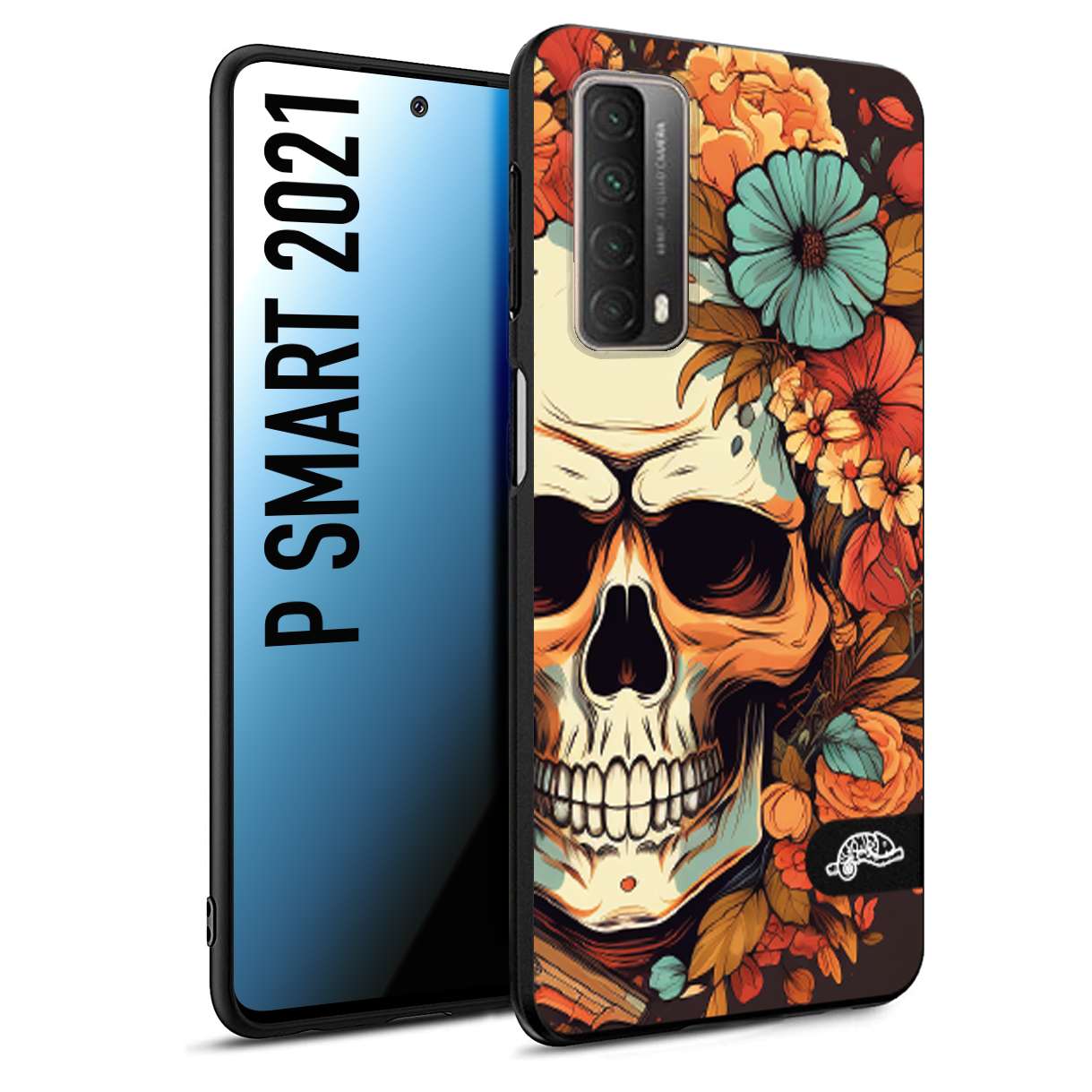 CUSTOMIZZA - Custodia cover nera morbida in tpu compatibile per Huawei P Smart 2021 teschio skull flowers fiori autunnali arancio celeste tattoo