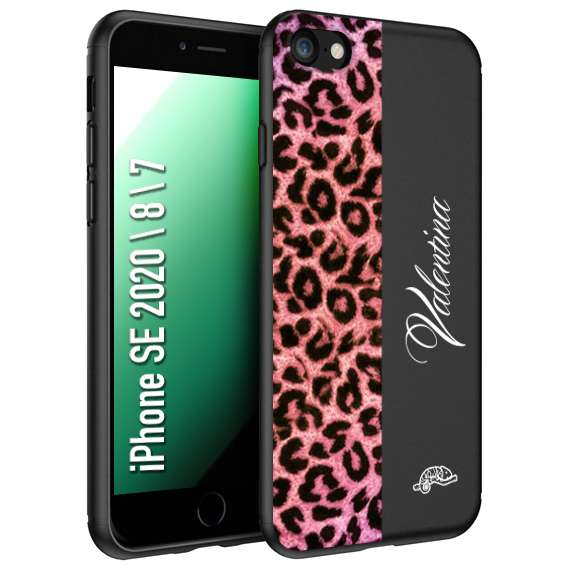 CUSTOMIZZA - Custodia cover nera morbida in tpu compatibile per iPhone 7 - 8 - SE 2020 / 2022 leopardato rosa fucsia personalizzata nome iniziali