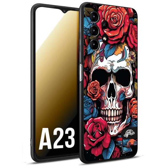 CUSTOMIZZA - Custodia cover nera morbida in tpu compatibile per Samsung A23 teschio skull flowers fiori rose rosse tattoo disegnato