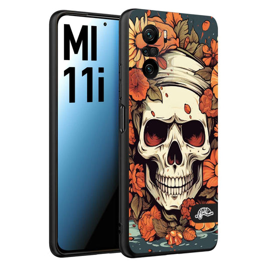 CUSTOMIZZA - Custodia cover nera morbida in tpu compatibile per Xiaomi Mi 11i teschio skull flowers fiori tattoo disegnato alta definizione