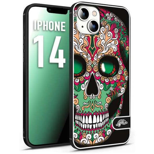 CUSTOMIZZA - Custodia cover nera morbida in tpu compatibile per iPhone 14 teschio messicano Mexican skull verde fucsia