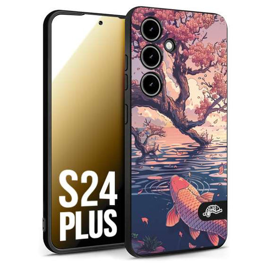 CUSTOMIZZA - Custodia cover nera morbida in tpu compatibile per Samsung S24 PLUS giapponese lago carpa koi rosa con foglie d'acero disegnata tattoo