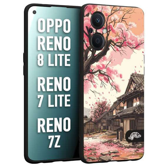 CUSTOMIZZA - Custodia cover nera morbida in tpu compatibile per Oppo Reno 7 Lite - 8 Lite - 7Z casa giapponese rosa ciliegio in fiore disegnata tattoo