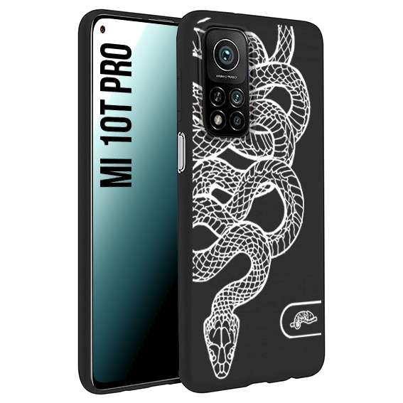 CUSTOMIZZA - Custodia cover nera morbida in tpu compatibile per Xiaomi Mi 10T PRO serpente snake bianco a rilievo disegnato tattoo tatuaggio