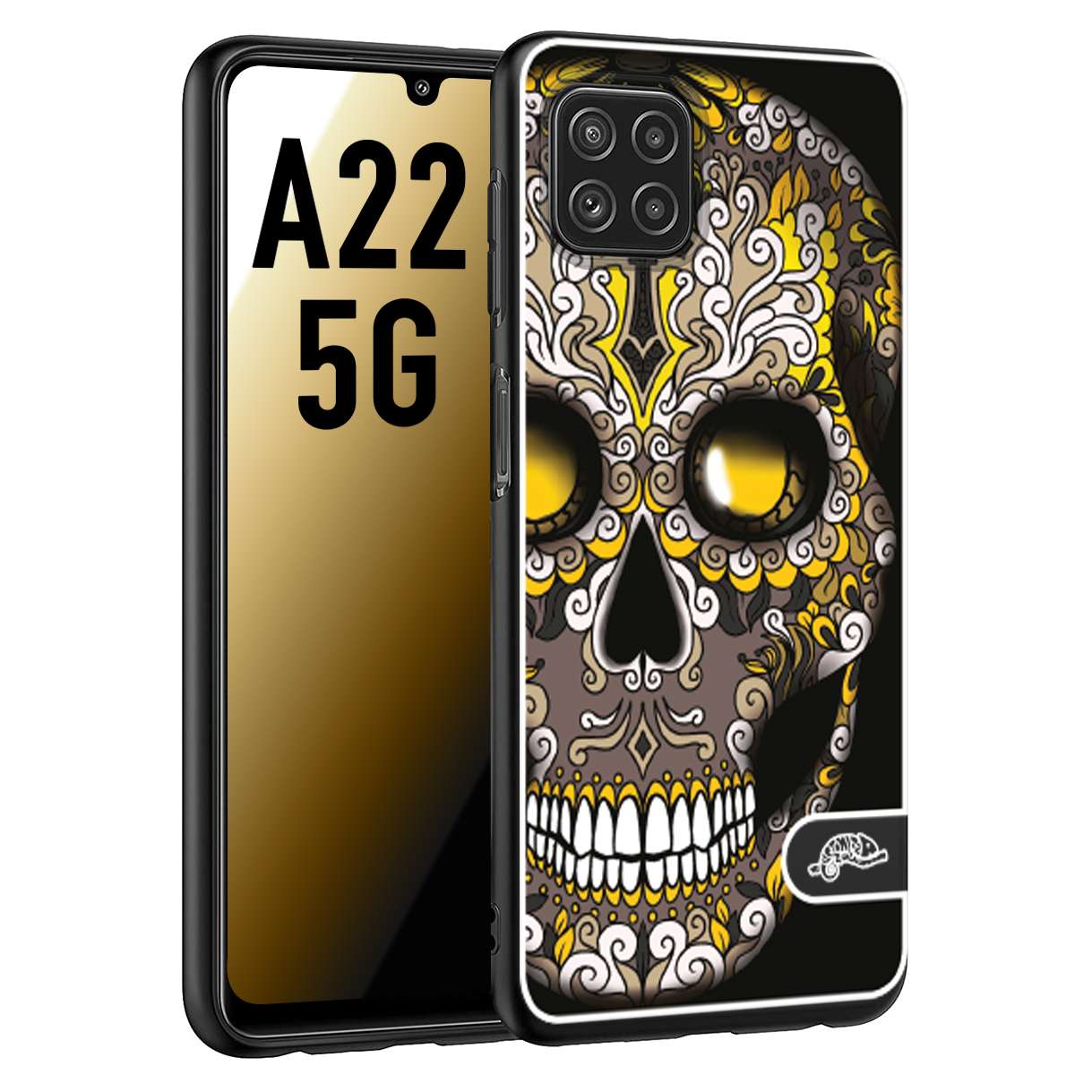 CUSTOMIZZA - Custodia cover nera morbida in tpu compatibile per Samsung A22 5G teschio messicano Mexican skull nero giallo