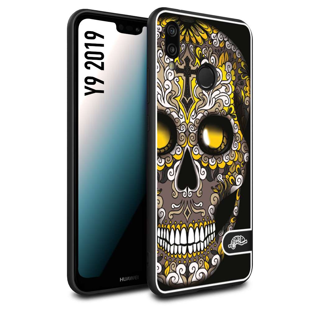 CUSTOMIZZA - Custodia cover nera morbida in tpu compatibile per Huawei Y9 2019 teschio messicano Mexican skull nero giallo