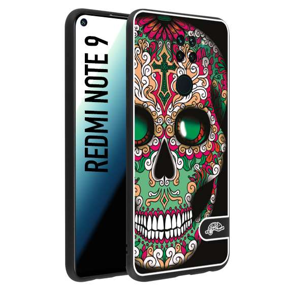 CUSTOMIZZA - Custodia cover nera morbida in tpu compatibile per Xiaomi Redmi Note 9 teschio messicano Mexican skull verde fucsia