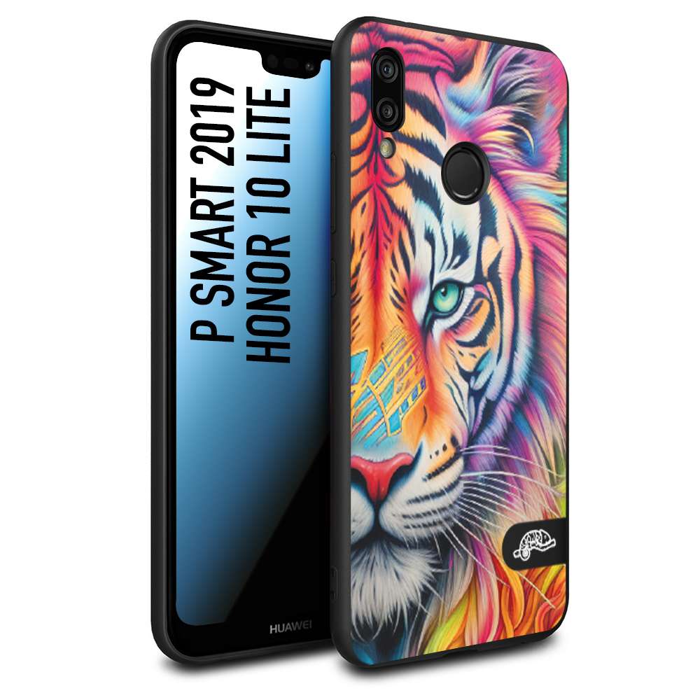 CUSTOMIZZA - Custodia cover nera morbida in tpu compatibile per Huawei P Smart 2019 animali color tigre tiger viso colori vibranti disegnato schizzo