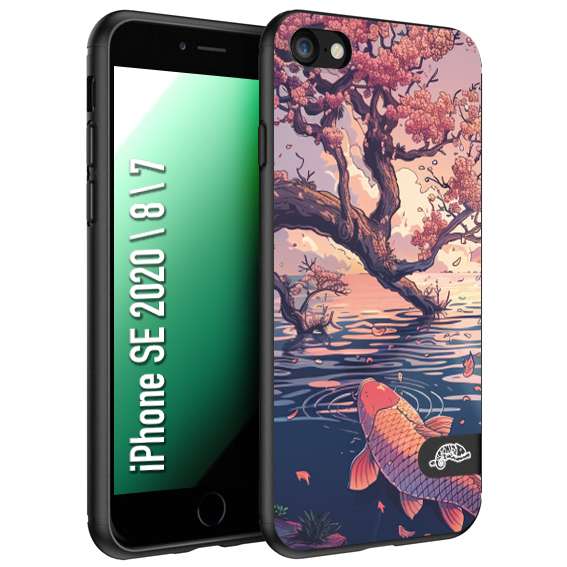 CUSTOMIZZA - Custodia cover nera morbida in tpu compatibile per iPhone 7 - 8 - SE 2020 / 2022 giapponese lago carpa koi rosa con foglie d'acero disegnata tattoo