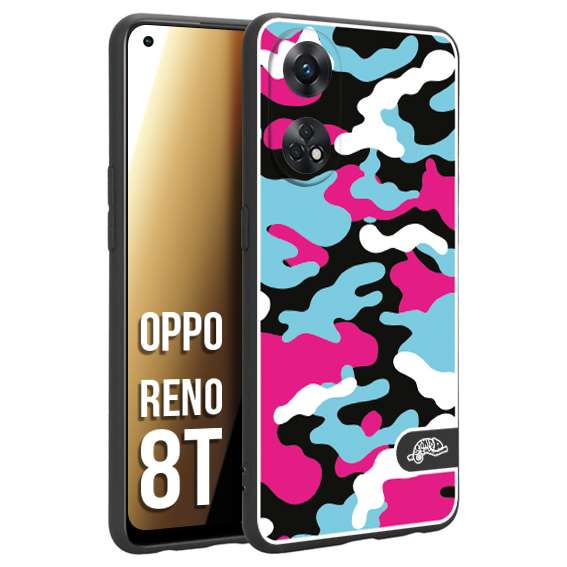 CUSTOMIZZA - Custodia cover nera morbida in tpu compatibile per Oppo Reno 8T camouflage mimetico militare fucsia celeste