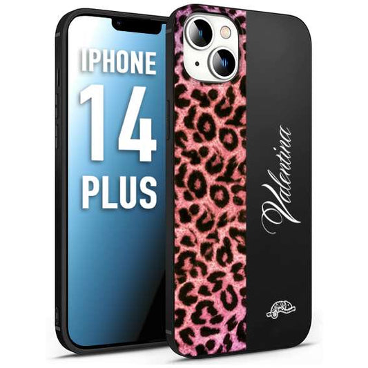 CUSTOMIZZA - Custodia cover nera morbida in tpu compatibile per iPhone 14 PLUS leopardato rosa fucsia personalizzata nome iniziali