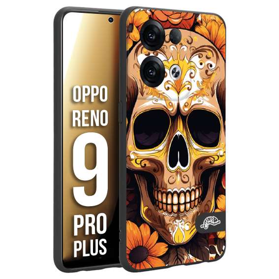 CUSTOMIZZA - Custodia cover nera morbida in tpu compatibile per Oppo Reno 9 PRO PLUS teschio messicano colorato dorato fiori tattoo disegnato