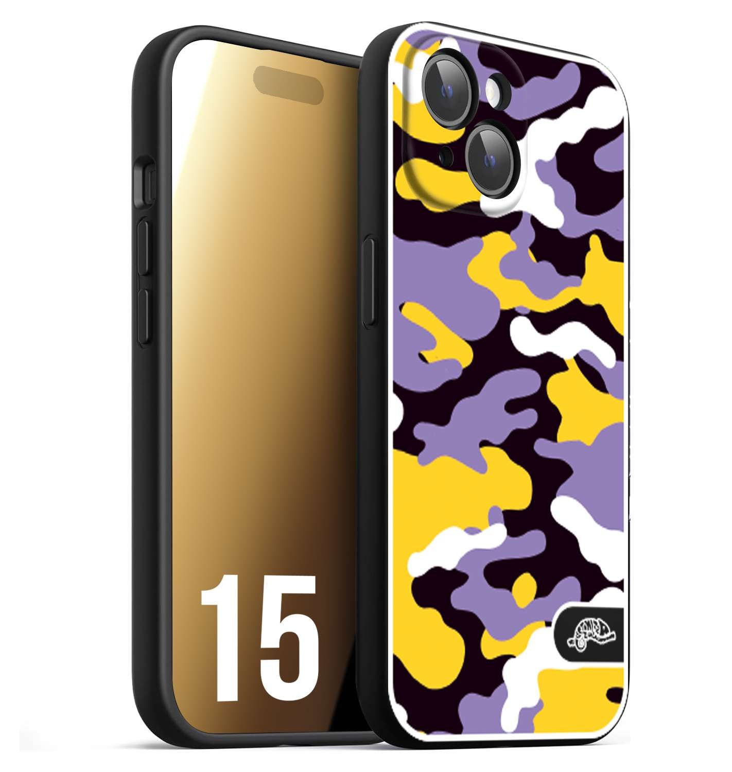 CUSTOMIZZA - Custodia cover nera morbida in tpu compatibile per iPhone 15 camouflage mimetico militare viola lilla giallo