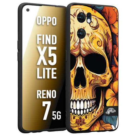 CUSTOMIZZA - Custodia cover nera morbida in tpu compatibile per Oppo Reno 7 - Find X5 LITE teschio messicano colorato dorato fiori autunnali disegnato