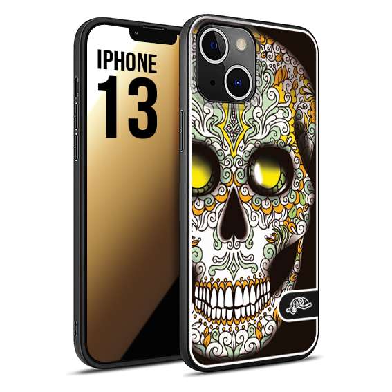 CUSTOMIZZA - Custodia cover nera morbida in tpu compatibile per iPhone 13 teschio messicano Mexican skull bianco verde giallo