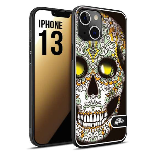 CUSTOMIZZA - Custodia cover nera morbida in tpu compatibile per iPhone 13 teschio messicano Mexican skull bianco verde giallo