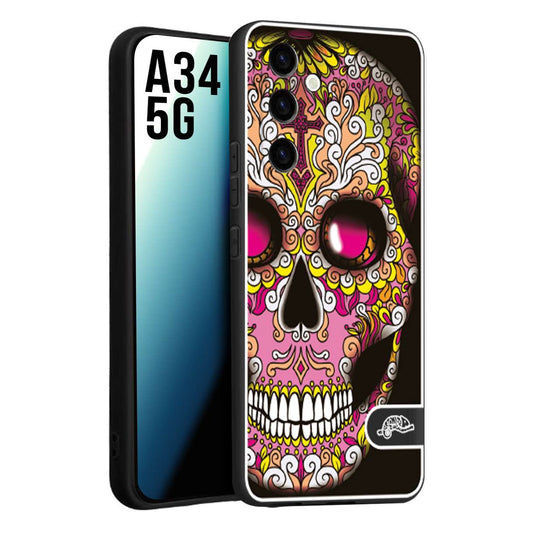 CUSTOMIZZA - Custodia cover nera morbida in tpu compatibile per Samsung A34 5G teschio messicano Mexican skull rosa gialla