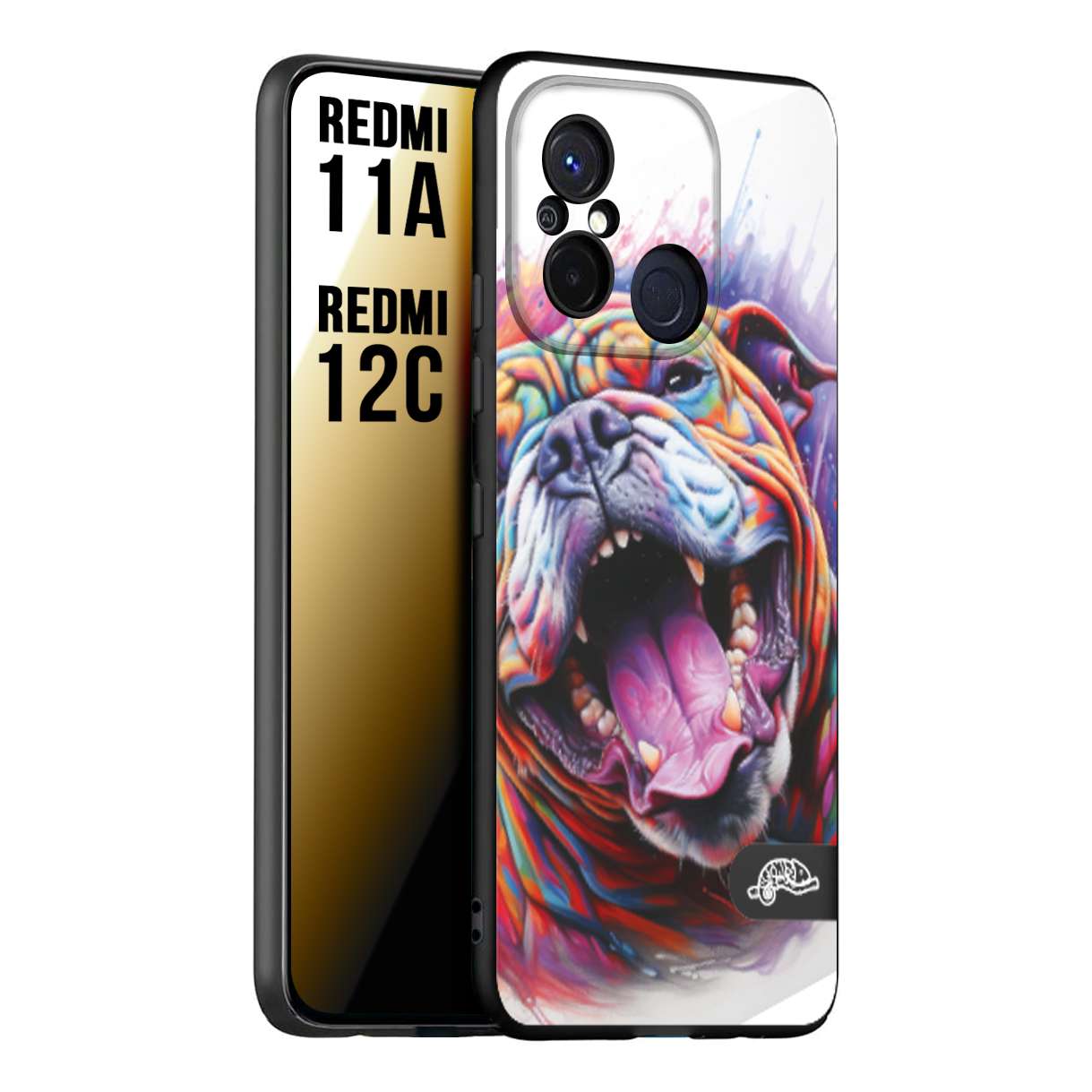 CUSTOMIZZA - Custodia cover nera morbida in tpu compatibile per Xiaomi Redmi 11A - 12C animali color bulldog cane dog colori vibranti disegnato schizzo