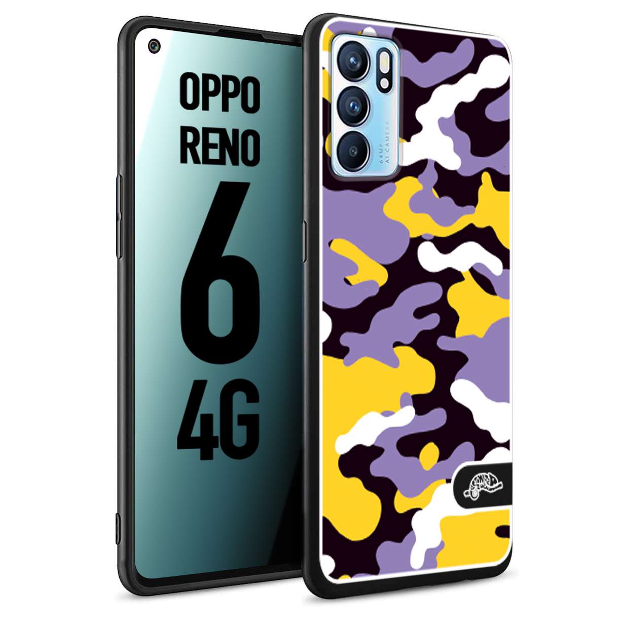 CUSTOMIZZA - Custodia cover nera morbida in tpu compatibile per Oppo Reno 6 4G camouflage mimetico militare viola lilla giallo