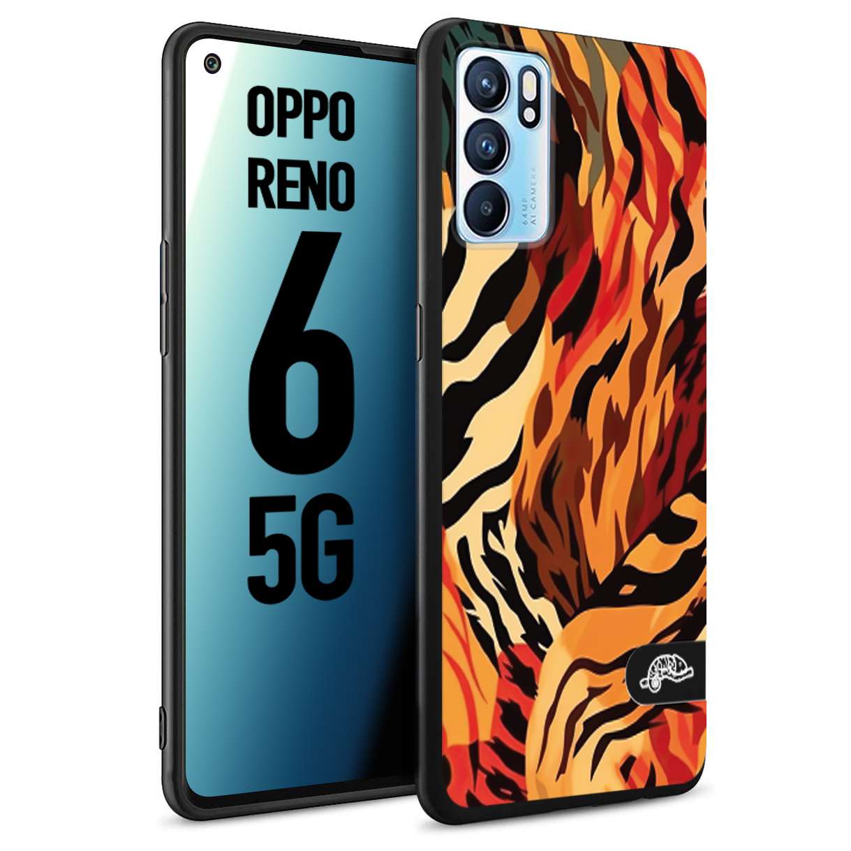 CUSTOMIZZA - Custodia cover nera morbida in tpu compatibile per Oppo Reno 6 5G leopardato maculato tigrato tiger colorata gialla rossa arancio