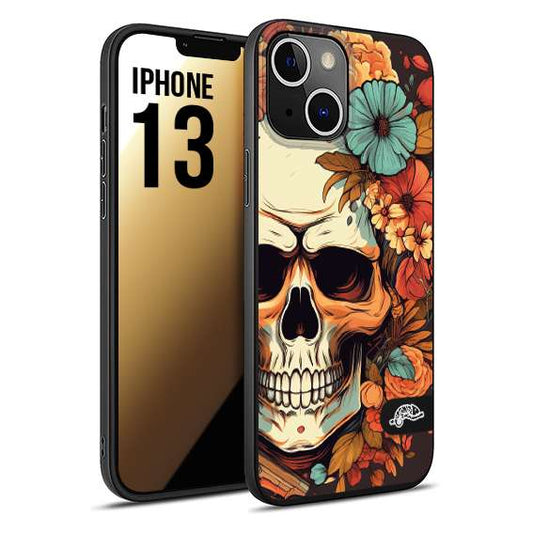 CUSTOMIZZA - Custodia cover nera morbida in tpu compatibile per iPhone 13 teschio skull flowers fiori autunnali arancio celeste tattoo